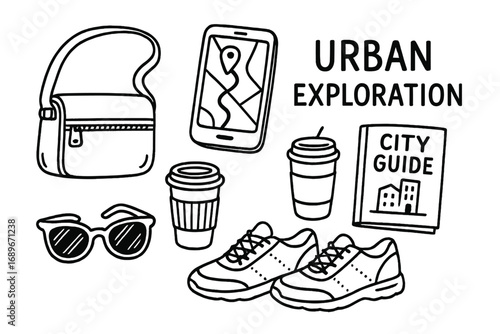 Urban Exploration Essentials. Urban exploration: hand drawn doodles of crossbody bag, map app, coffee to go, city guide,