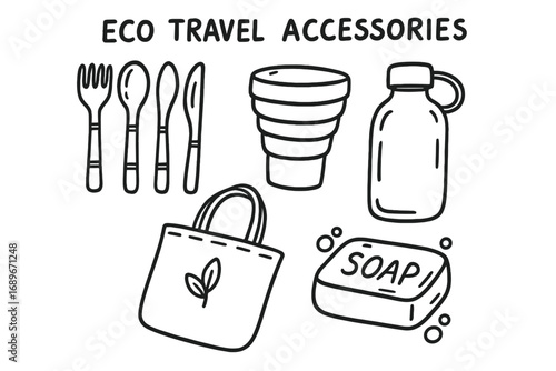 Eco Travel Essentials. Eco travel accessories: hand drawn doodles of bamboo cutlery, collapsible cup, tote bag, reusable bottle,