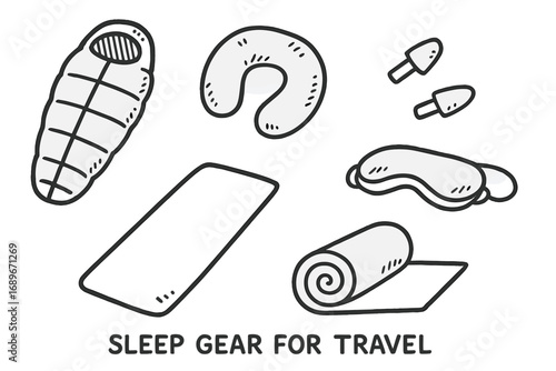 Travel Sleep Essentials Doodles. Sleep gear for travel: hand drawn doodles of sleeping bag, travel pillow, earplugs, sleep mask,