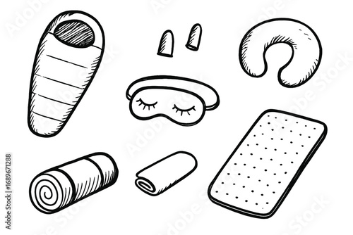 Travel Sleep Essentials Doodles. Sleep gear for travel: hand drawn doodles of sleeping bag, travel pillow, earplugs, sleep mask,