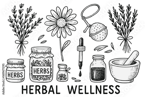 Herbal Wellness Doodle Art. Herbal wellness: hand drawn doodles of dried herbs, tea infuser, chamomile flower, labeled jars,