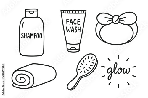 Face and Hair Essentials. Face and hair care: hand drawn doodles of shampoo bottle, face wash, headband, brush, spa towel, and
