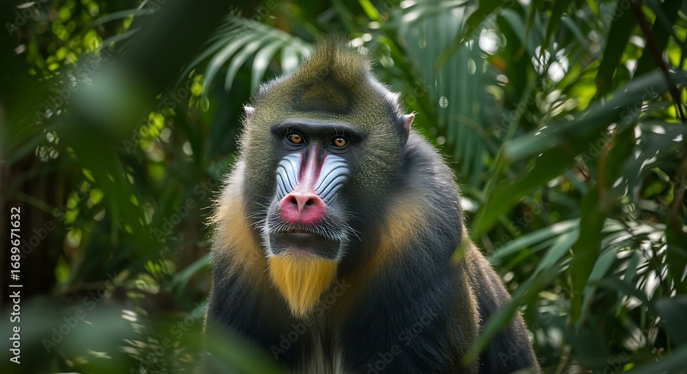 Fototapeta premium Vibrant Mandrill Monkey Portrait in Lush Jungle.