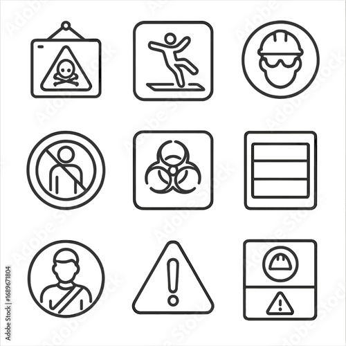 Safety Signage Icons. Line style icons of protective signage and labeling: danger signboard, caution floor sticker, PPE required