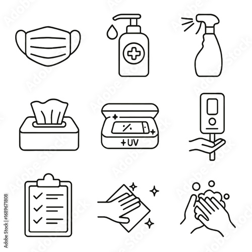 Hygiene Protection Icons. Line style icons of sanitation and hygiene protection: face mask icon, alcohol gel bottle, sanitation