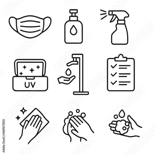 Hygiene Protection Icons. Line style icons of sanitation and hygiene protection: face mask icon, alcohol gel bottle, sanitation