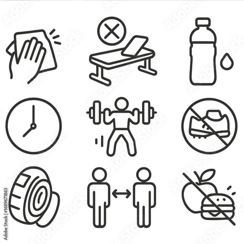 Gym Etiquette Icons. Line style icons of gym etiquette and rules: wipe equipment sign, no phone on bench, rerack weights symbol,