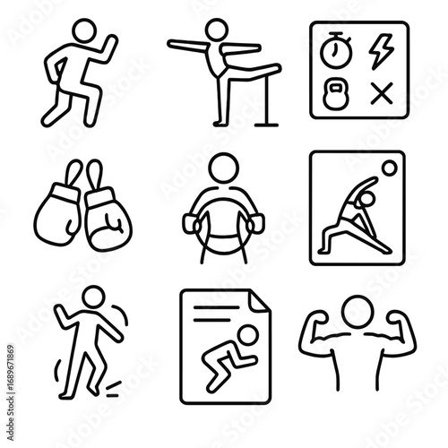 Fitness Class Icons. Line style icons of fitness class categories: bootcamp icon, barre workout pose, circuit HIIT board, boxing