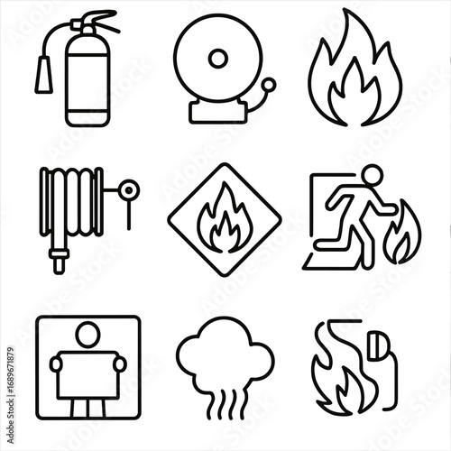 Fire Safety Icons. Line style icons of fire safety symbols: fire extinguisher sign, emergency fire alarm bell, flames warning icon
