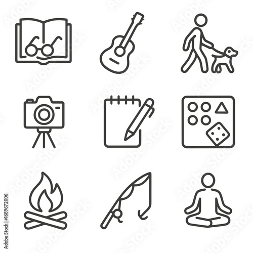 Leisure and Hobby Icons. Line style icons of simplified leisure and hobbies: book with glasses, guitar outline, person walking dog