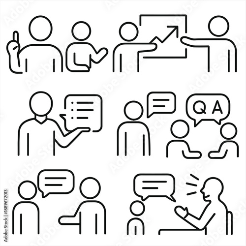 Teaching Line Icons. Line style icons of teaching and explaining: person with raised finger, mentor explaining to learner,