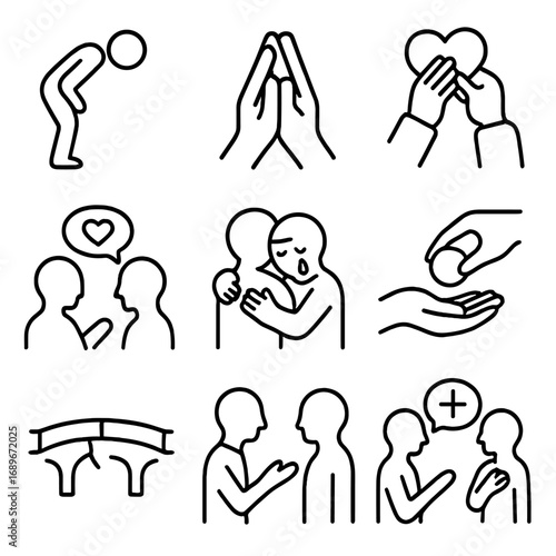 Conflict Resolution Icons. Line style icons of conflict repair and apology: person bowing in regret, hands folded in apology,