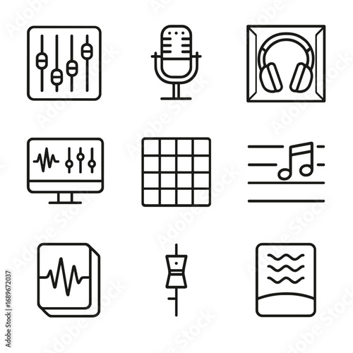 Music Production Icons. Line style icons of music and sound production: sound mixer icon, studio mic on stand, headphones in sound