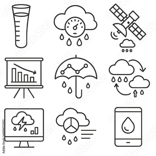 Weather Data Icons. Line style icons of weather and rainfall data collection: rain gauge icon, cloud with water meter, satellite