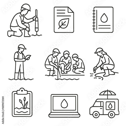 Fieldwork Line Icons. Line style icons of field work and reporting: technician with water sensor, field report sheet, waterproof