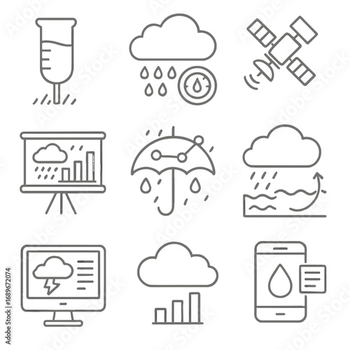 Weather Data Icons. Line style icons of weather and rainfall data collection: rain gauge icon, cloud with water meter, satellite