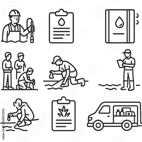 Fieldwork Line Icons. Line style icons of field work and reporting: technician with water sensor, field report sheet, waterproof