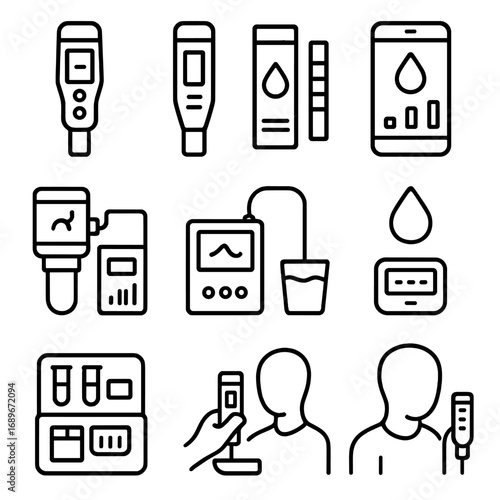 Water Test Icons. Line style icons of portable water test devices: handheld water tester, pocket pH meter icon, quick test strip