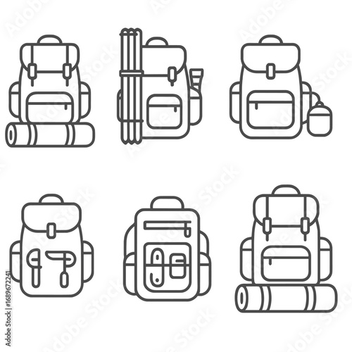 Camping Gear Line Icons. Line style icons of camping and overnight packs: sleeping pad under pack, tent poles attached to side,