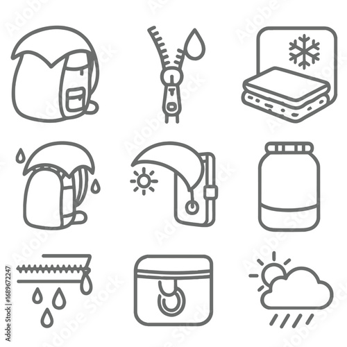 Weather-Proof Equipment Icons. Line style icons of weather-proof outdoor equipment: rainfly over backpack, waterproof zipper