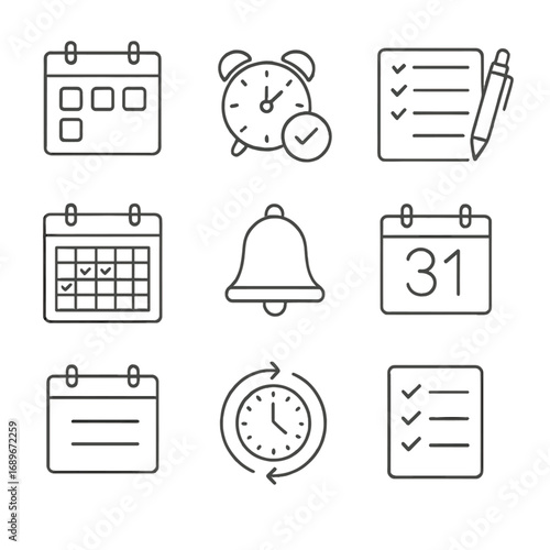 Task Management Icons. Line style icons of task and schedule management: calendar with time blocks, alarm clock with checklist,