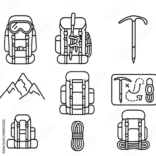 Mountaineering Gear Icons. Line style icons of mountaineering backpack usage: snow goggles on pack, avalanche probe inside pocket,