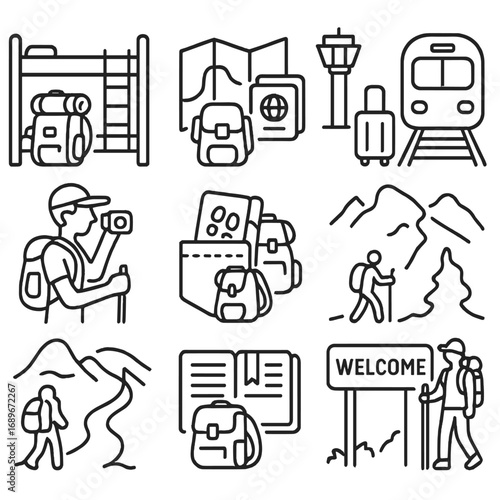 Backpacking Travel Icons. Line style icons of international backpacking and travel: hostel bunk with pack, map and passport near