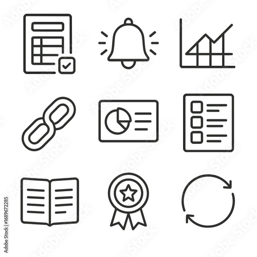 Productivity Icons Collection. Line style icons of productivity habits and routines: morning planning sheet, focus bell icon,