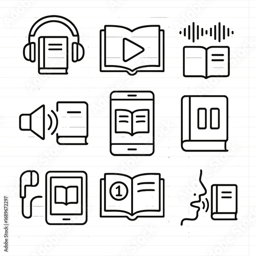 Audiobook Icons Collection. Line style icons of audiobook playback: headphones over book icon, play button on open book, audio