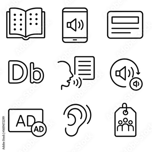 Accessibility Icons Collection. Line style icons of accessibility in reading: braille book icon, screen reader on device, high