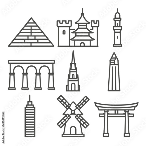 Iconic Architectural Silhouettes. Line style icons of iconic architectural structures: ancient pyramid, medieval castle, Buddhist