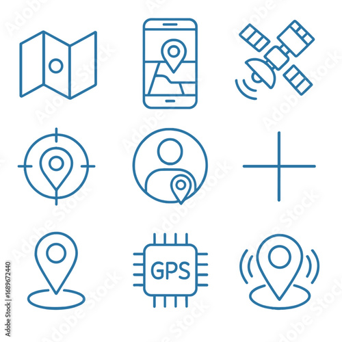 Geolocation & Tracking Icons. Line style icons of geolocation and tracking: blue dot on map, real-time tracker icon, satellite