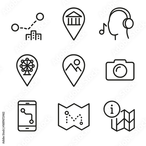Tourism Icon Set. Line style icons of tourism and local location tools: city walking route, cultural landmark pin, self-guided