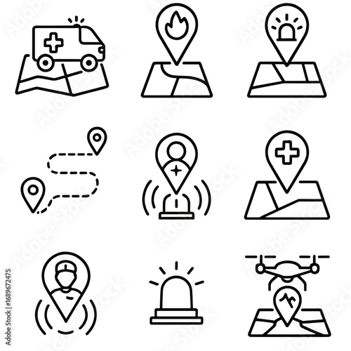 Emergency Response Icons. Line style icons of emergency response with location: ambulance icon on map, fire station locator,