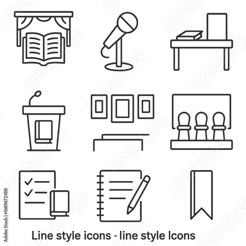 Literary Festival Icons. Line style icons of literary and book festivals: open book with stage, author microphone icon, book