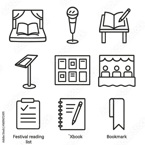 Literary Festival Icons. Line style icons of literary and book festivals: open book with stage, author microphone icon, book