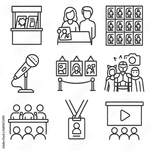 Pop Culture Icons. Line style icons of pop culture conventions and fan expos: comic book stand icon, celebrity signing booth,