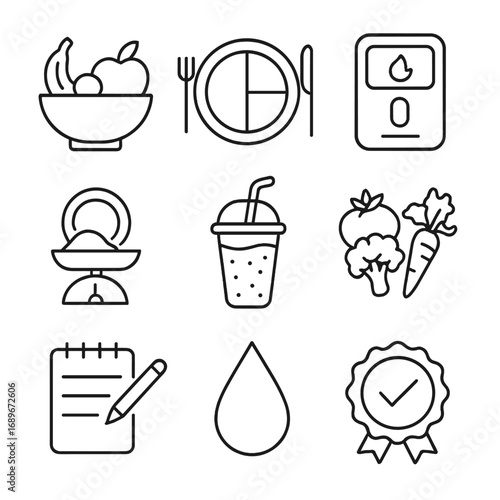 Nutrition Line Icons. Line style icons of nutrition and healthy eating: fruit bowl icon, balanced plate graphic, calorie counter