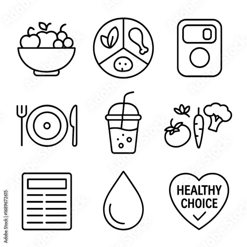 Nutrition Line Icons. Line style icons of nutrition and healthy eating: fruit bowl icon, balanced plate graphic, calorie counter
