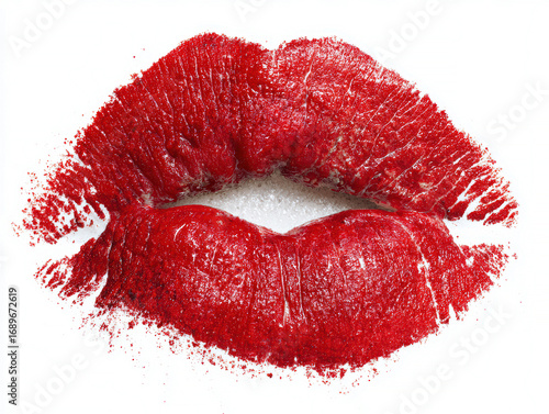 Close-up of vibrant red lips with subtle gloss and sugar crystals, against a white background - AI-Generated