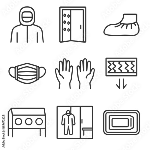 Cleanroom Protection Icons. Line style icons of cleanroom and sterile area protection: cleanroom suit icon, air shower booth,
