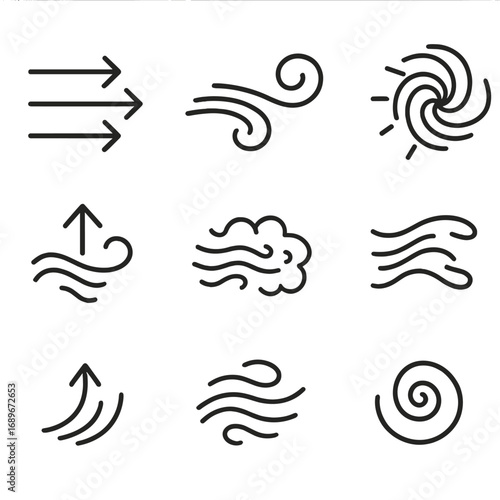 Wind Motion Icons. Line style icons of wind and movement symbols: directional wind arrows, swirl icon with motion, rapid movement