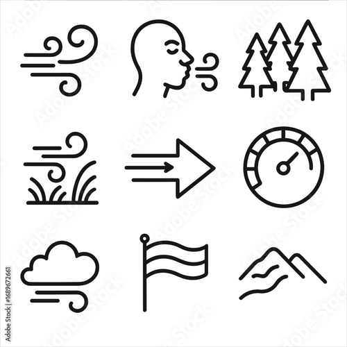 Wind Line Icons. Line style icons of wind and natural air motion: swirling wind lines, blowing wind icon, wind gust over trees,