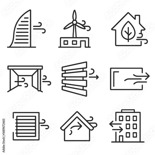 Wind Architecture Icons. Line style icons of wind-related architecture and design: aerodynamic building outline, rooftop turbine