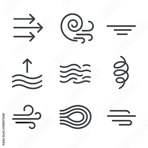 Wind Motion Icons. Line style icons of wind and movement symbols: directional wind arrows, swirl icon with motion, rapid movement