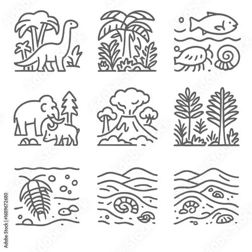 Fossil Icon Landscapes. Line style icons of fossil-era landscapes: dinosaur under trees, prehistoric jungle, fossil creatures in