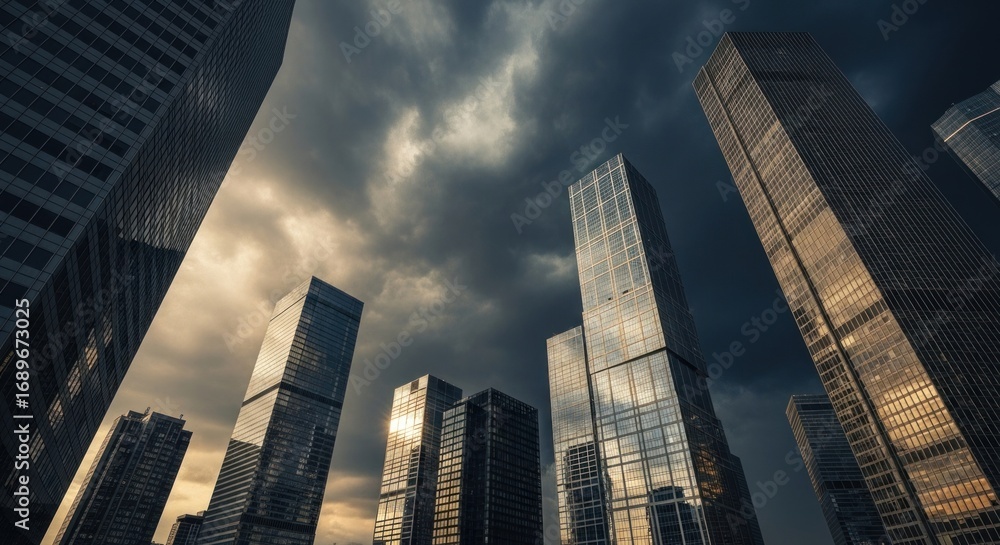 Fototapeta premium Skyscrapers pierce dramatic clouds, reflecting sunlight in a modern urban landscape.