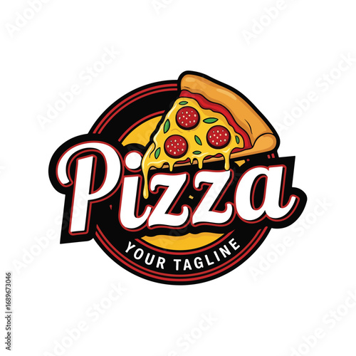 Vector art of pizza logo featuring cheesy pepperoni slice with herbs, bold typography, and circular emblem design, ideal for restaurant branding, fast food menus, or marketing materials