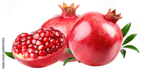 Whole and halved pomegranates with seeds isolated on a transparent background fruit