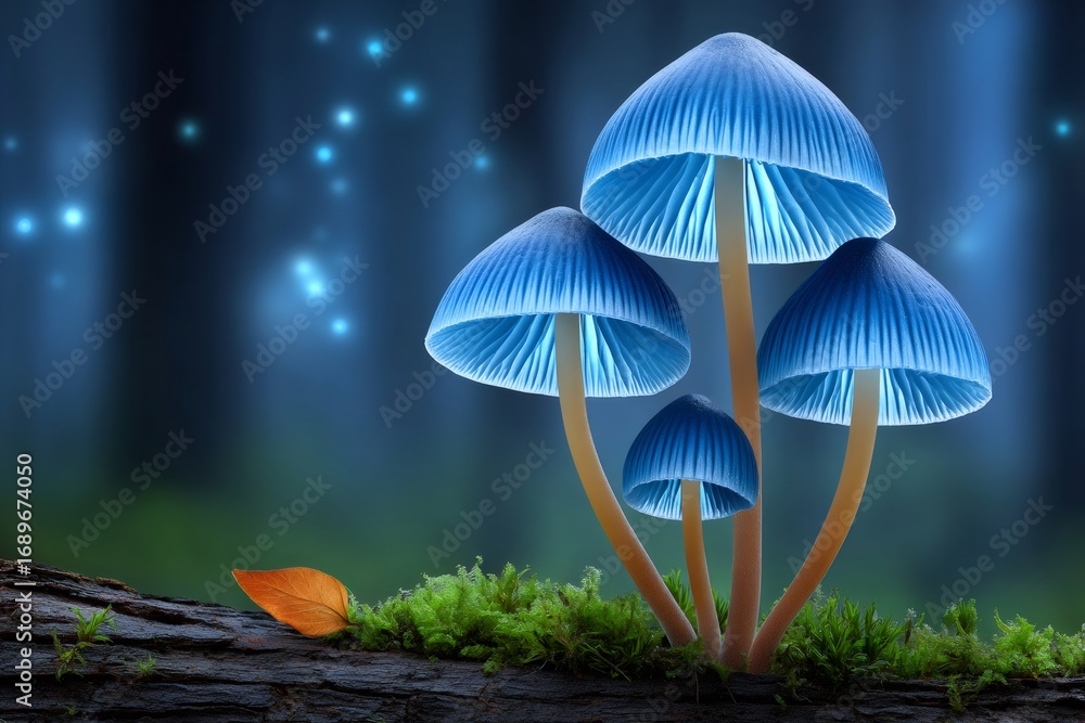 Fototapeta premium Glowing blue mushrooms growing on mossy log in enchanted forest